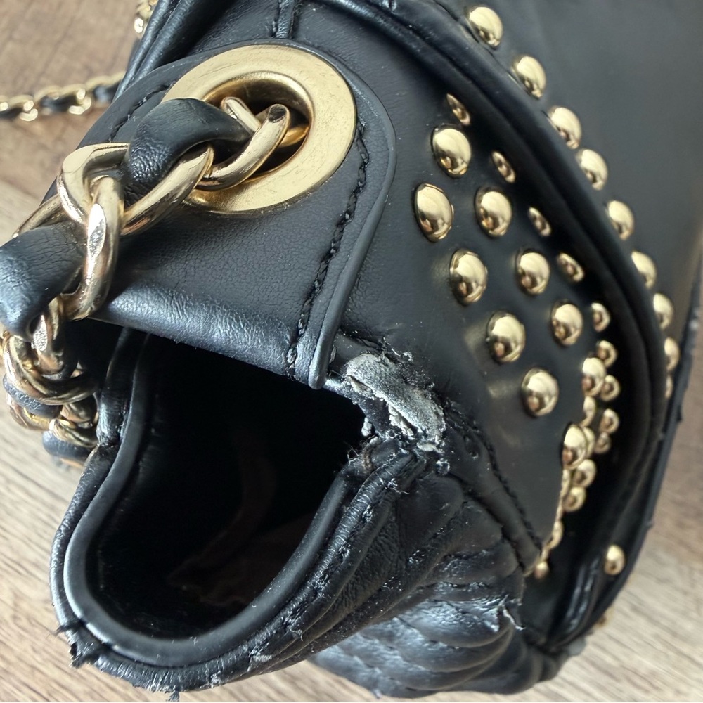 AMEILIYAR Black Vegan Leather Gold Toned Stud Biker Jacket Crossbody Bag *FLAW* - Picture 10 of 15